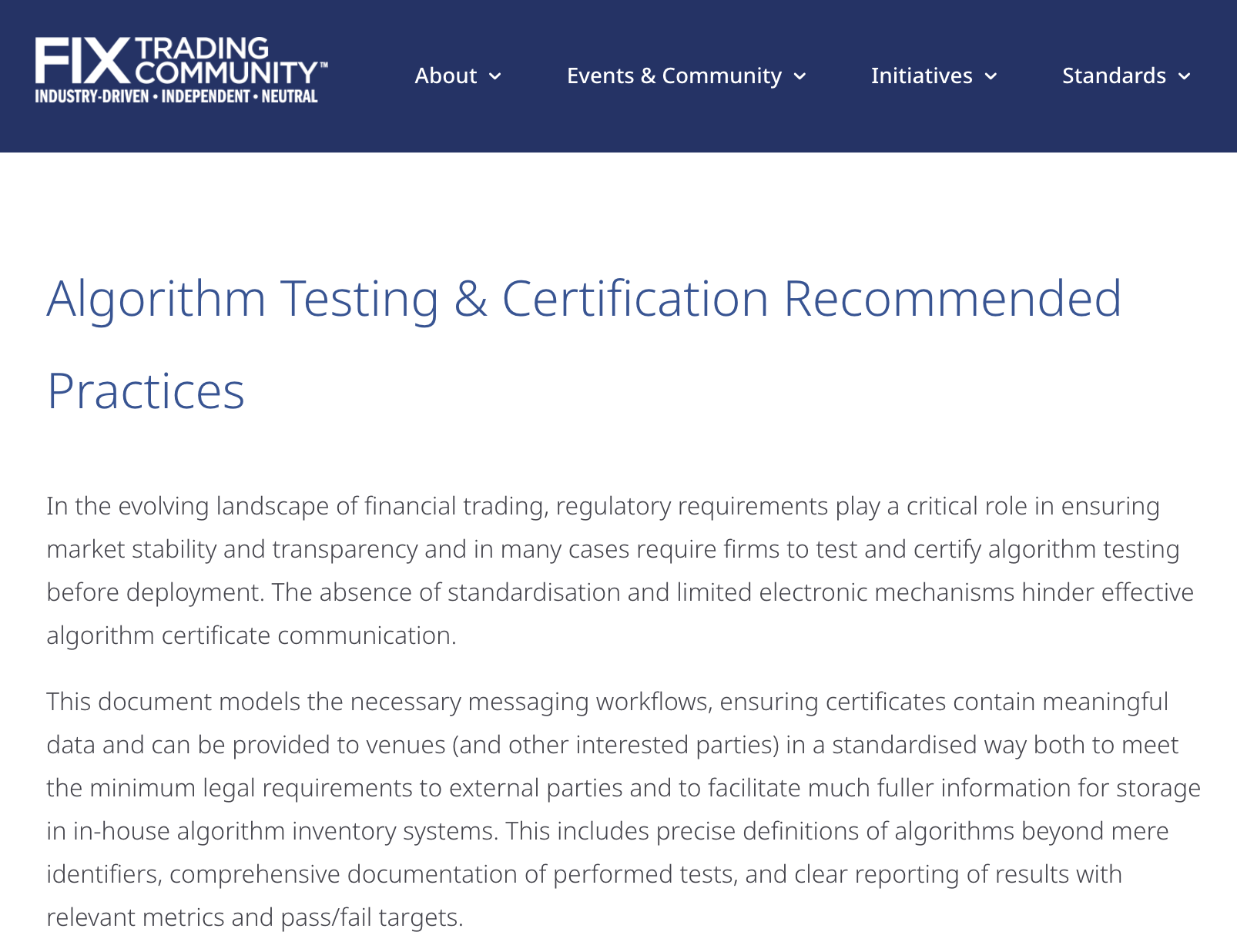 FIX issues standards for algorithm testing and certification